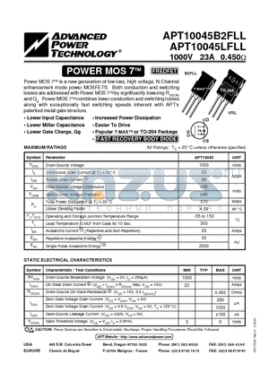 APT10045LFLL datasheet - Power MOS 7TM is a new generation of low loss, high voltage, N-Channel enhancement mode power MOSFETS.