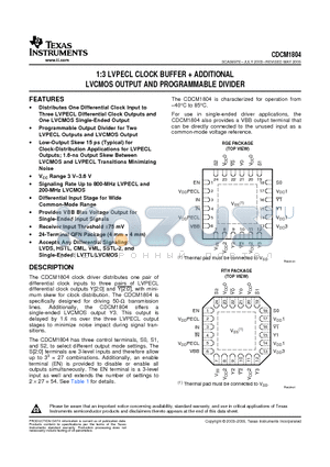 CDCM1804RGET datasheet - 1:3 LVPECL CLOCK BUFFER  ADDITIONAL LVCMOS OUTPUT AND PROGRAMMABLE DIVIDER