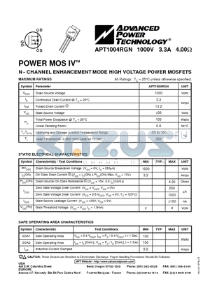 APT1004RGN datasheet - N - CHANNEL ENHANCEMENT MODE HIGH VOLTAGE POWER MOSFETS