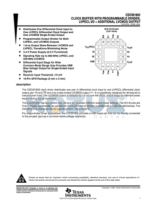 CDCM1802 datasheet - CLOCK BUFFER WITH PROGRAMMABLE DIVIDER, LVPECL I/O  ADDITIONAL LVCMOS OUTPUT