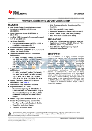 CDCM61001 datasheet - One Output, Integrated VCO, Low-Jitter Clock Generator