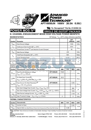 APT10050JN datasheet - N-CHANNEL ENHANCEMENT MODE HIGH VOLTAGE POWER MOSFETS