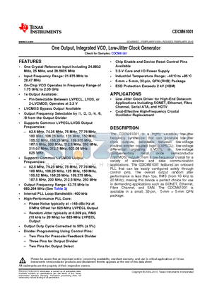 CDCM61001 datasheet - One Output, Integrated VCO, Low-Jitter Clock Generator