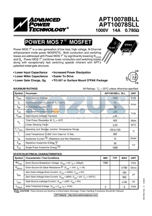 APT10078BLL datasheet - Power MOS 7TM is a new generation of low loss, high voltage, N-Channel enhancement mode power MOSFETS.