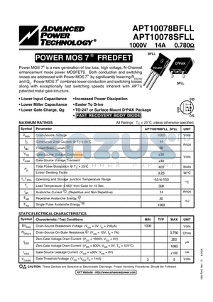APT10078SFLL datasheet - Power MOS 7TM is a new generation of low loss, high voltage, N-Channel enhancement mode power MOSFETS.