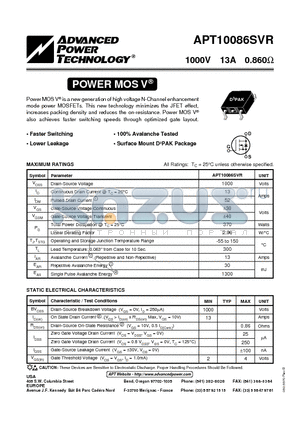 APT10086SVR datasheet - Power MOS V is a new generation of high voltage N-Channel enhancement mode power MOSFETs.