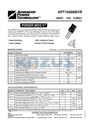 APT10086BVR datasheet - Power MOS V is a new generation of high voltage N-Channel enhancement mode power MOSFETs.