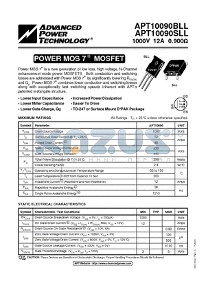 APT10090BLL datasheet - Power MOS 7TM is a new generation of low loss, high voltage, N-Channel enhancement mode power MOSFETS.