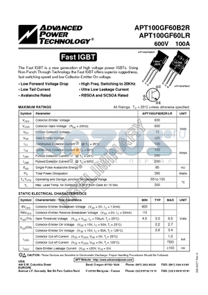 APT100GF60B2R datasheet - The Fast IGBT is a new generation of high voltage power IGBTs.