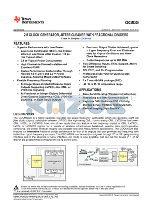 CDCM6208V1RGZR datasheet - 2:8 CLOCK GENERATOR, JITTER CLEANER WITH FRACTIONAL DIVIDERS