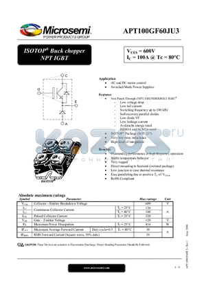 APT100GF60JU3 datasheet - ISOTOP Buck chopper NPT IGBT