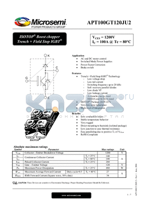 APT100GT120JU2 datasheet - ISOTOP Boost chopper Trench  Field Stop IGBT