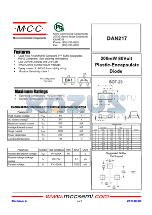 DAN217 datasheet - 200mW 80Volt Plastic-Encapsulate Diode