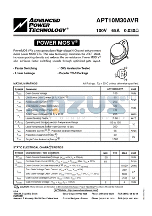 APT10M30AVR datasheet - Power MOS V is a new generation of high voltage N-Channel enhancement mode power MOSFETs.