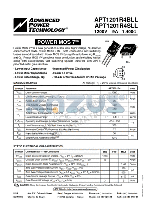 APT1201R4SLL datasheet - Power MOS 7TM is a new generation of low loss, high voltage, N-Channel enhancement mode power MOSFETS.