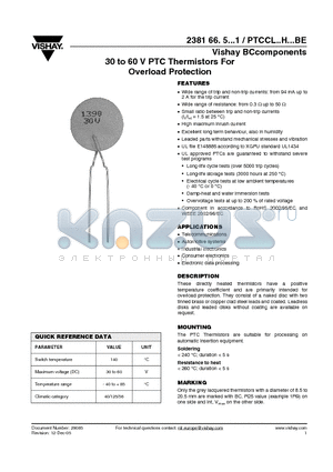 2381660X2711 datasheet - 30 to 60 V PTC Thermistors For Overload Protection