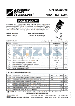 APT12080LVR datasheet - Power MOS V is a new generation of high voltage N-Channel enhancement mode power MOSFETs.