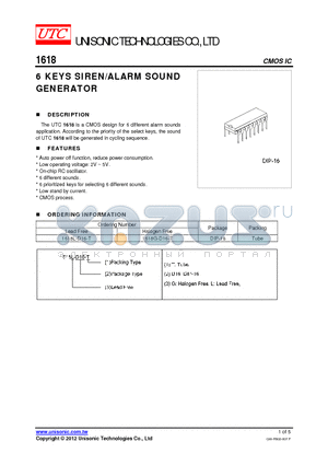 1618L-D16-T datasheet - 6 KEYS SIREN/ALARM SOUND GENERATOR