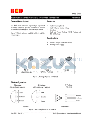 APT13003SU-G1 datasheet - HIGH VOLTAGE FAST SWITCHING NPN POWER TRANSISTOR