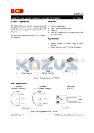 APT13003EZ-E1 datasheet - HIGH VOLTAGE FAST SWITCHING NPN POWER TRANSISTOR