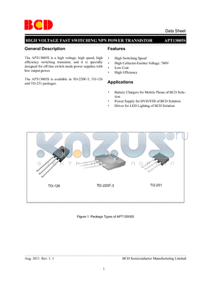 APT13005SI-G1 datasheet - HIGH VOLTAGE FAST SWITCHING NPN POWER TRANSISTOR