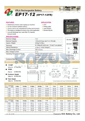 EP17-12 datasheet - VRLA Rechargeable Battery