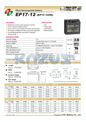 EP17-12FR datasheet - VRLA Rechargeable Battery