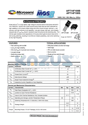 APT14F100B datasheet - N-Channel FREDFET 1000V, 14A, 1.00Y Max, trr 240ns