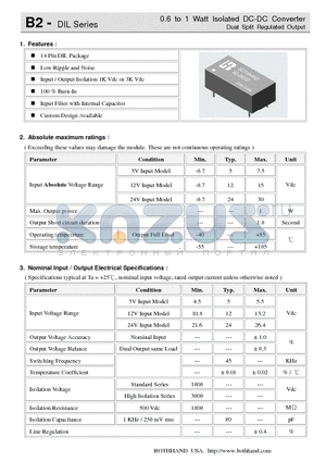 B2-0503DH datasheet - 0.6 to 1 Watt Isolated DC-DC Converter Dual Split Regulated Output