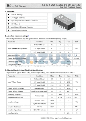 B2-0505S datasheet - 0.6 to 1 Watt Isolated DC-DC Converter Dual Split Regulated Output