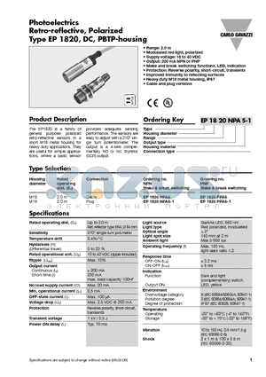 EP1820NPAS-1 datasheet - Photoelectrics Retro-reflective, Polarized