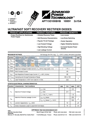 APT15D100BHB datasheet - ULTRAFAST SOFT RECOVERY RECTIFIER DIODES