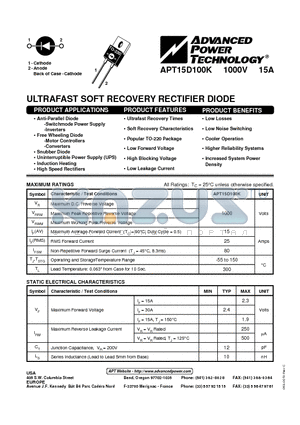 APT15D100K datasheet - ULTRAFAST SOFT RECOVERY RECTIFIER DIODE