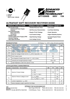 APT15D60B datasheet - ULTRAFAST SOFT RECOVERY RECTIFIER DIODE