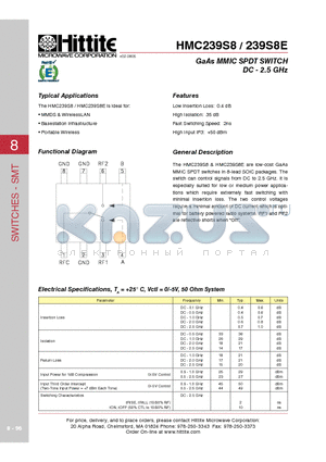 239S8E datasheet - GaAs MMIC SPDT SWITCH DC - 2.5 GHz