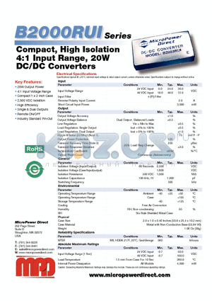 B2001RUI datasheet - Compact, High Isolation 4:1 Input Range, 20W DC/DC Converters