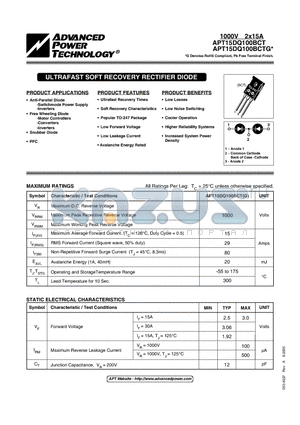 APT15DQ100BCTG datasheet - ULTRAFAST SOFT RECOVERY RECTIFIER DIODE