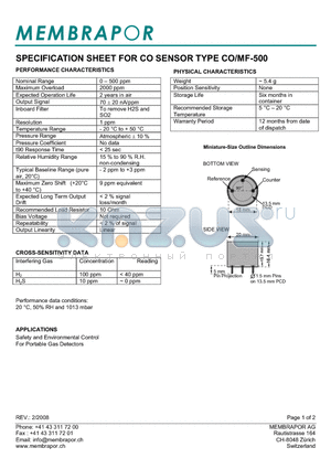 CO-MF-500 datasheet - SPECIFICATION SHEET FOR CO SENSOR