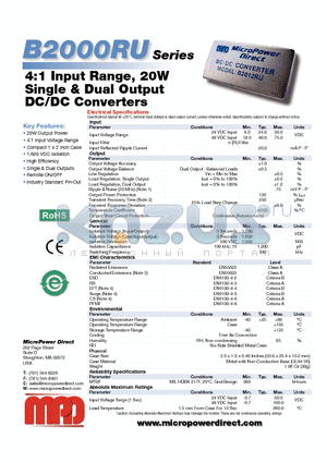 B2005RU datasheet - 4:1 Input Range, 20W Single & Dual Output DC/DC Con vert ers