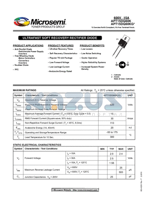 APT15DQ60K datasheet - ULTRAFAST SOFT RECOVERY RECTIFIER DIODE