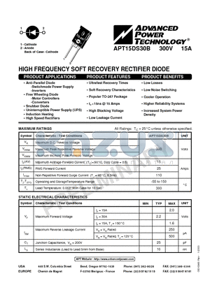 APT15DS30B datasheet - HIGH FREQUENCY SOFT RECOVERY RECTIFIER DIODE