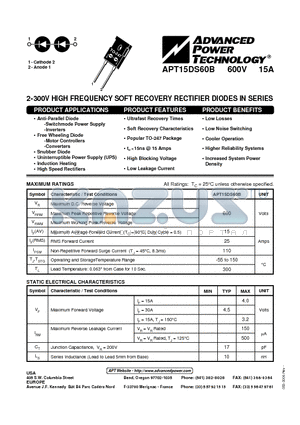 APT15DS60 datasheet - 2-300V HIGH FREQUENCY SOFT RECOVERY RECTIFIER DIODES IN SERIES