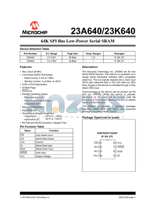 23A640-I/P datasheet - 64K SPI Bus Low-Power Serial SRAM