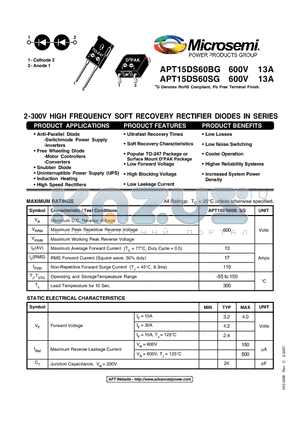 APT15DS60BG datasheet - 2-300V HIGH FREQUENCY SOFT RECOVERY RECTIFIER DIODES IN SERIES
