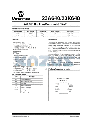 23A640 datasheet - 64K SPI Bus Low-Power Serial SRAM