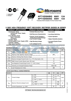 APT15DS60SG datasheet - 2-300V HIGH FREQUENCY SOFT RECOVERY RECTIFIER DIODES IN SERIES