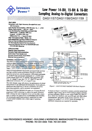 DAS1157 datasheet - Low Power 14-Bit, 15-Bit & 16-Bit Sampling Analog-to-Digital Converters