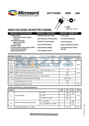 APT15S20K datasheet - HIGH VOLTAGE SCHOTTKY DIODE