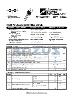 APT15S20KCT datasheet - HIGH VOLTAGE SCHOTTKY DIODE