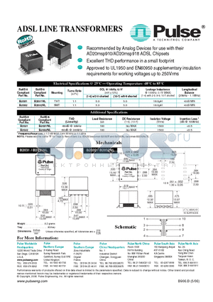 B2032NLT datasheet - ADSL LINE TRANSFORMERS